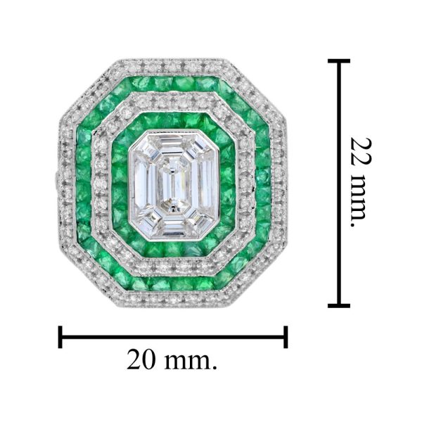 Art Deco Style Illusion Set Emerald Cut Diamond and Emerald Cluster Engagement Ring G colour VS clarity