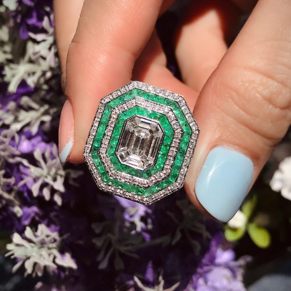 Art Deco Style Illusion Set Emerald Cut Diamond and Emerald Cluster Ring G colour VS clarity