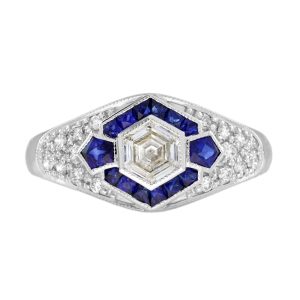 Hexagonal Diamond and Sapphire Cluster Dress Ring