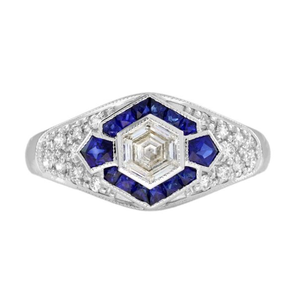 Unique Hexagonal Diamond and Sapphire Cluster Dress Ring