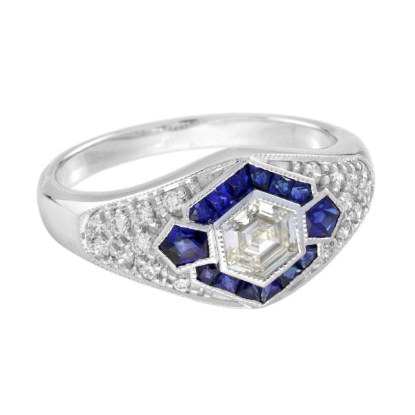 Unique Hexagonal Diamond and Sapphire Cluster Dress Ring