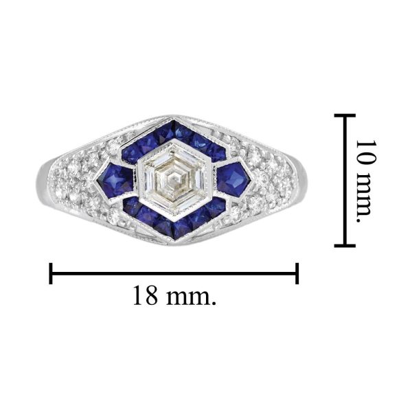 Unique Hexagonal Diamond and Sapphire Cluster Dress Ring, 0.45ct hexagonal-cut diamond surrounded by calibre French-cut sapphires on diamond-studded 18ct white gold mount