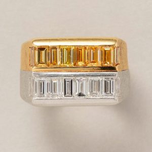 Retro 2ct Baguette Cut Fancy Yellow and White Diamond Ring
