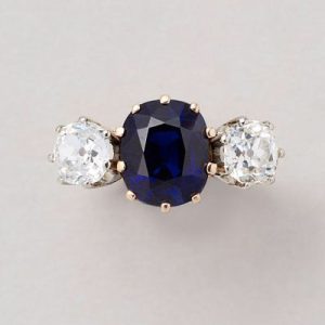 Vintage 3.91ct Natural No Heat Sapphire and Diamond Three Stone Engagement Ring