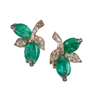 Vintage French Emerald Diamond and Gold Clip On Earrings By Andre Vassort