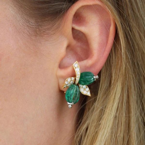 Vintage French Emerald Diamond and Gold Clip On Earrings By Andre Vassort, watermelon cut emeralds in the form of berries, with diamond set leaves and stalk in 18ct gold, Circa 1960