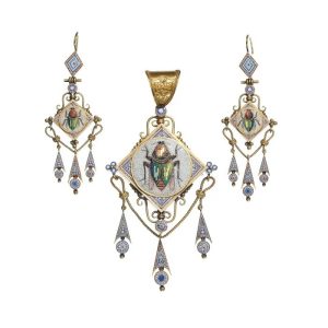 Antique Italian Micromosaic and Gold Pendant Brooch Earrings Suite, Circa 1870