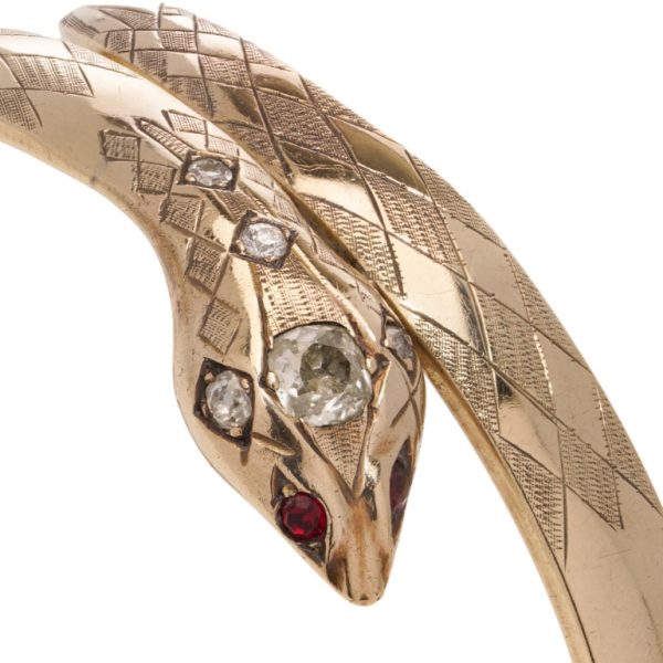 Vintage 9ct Yellow Gold Snake Bracelet with Diamond and Ruby