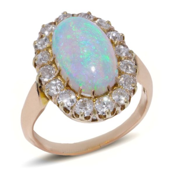 Victorian Antique Opal and Diamond Cluster Engagement Ring, oval cabochon opal surrounded by 1.12cts old-cut diamonds in 14ct yellow gold