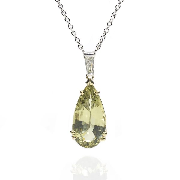 3.82ct Pear Cut Yellow Green Sapphire and Trapeze Cut Diamond Pendant