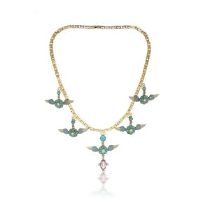 Victorian Antique Gold and Enamel Necklace with Diamond Turquoise Pink Tourmaline