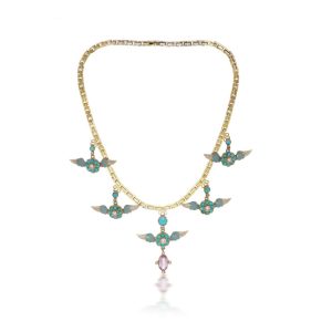 Victorian Antique Gold and Enamel Necklace with Turquoise Pink Tourmaline and Old Mine Cut Diamond on 20ct gold square link chain