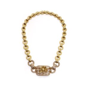 Vintage Fancy Yellow and White Diamond 18ct Gold Collar Necklace, 18ct yellow gold link collar necklace set with 9.23 carats of round brilliant-cut, baguette-cut, pear-cut and marquise-cut white and fancy yellow diamonds