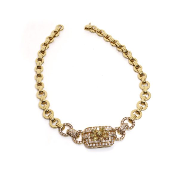 Vintage Fancy Yellow and White Diamond 18ct Gold Collar Necklace, 18ct yellow gold link collar necklace set with 9.23 carats of round brilliant-cut, baguette-cut, pear-cut and marquise-cut white and fancy yellow diamonds