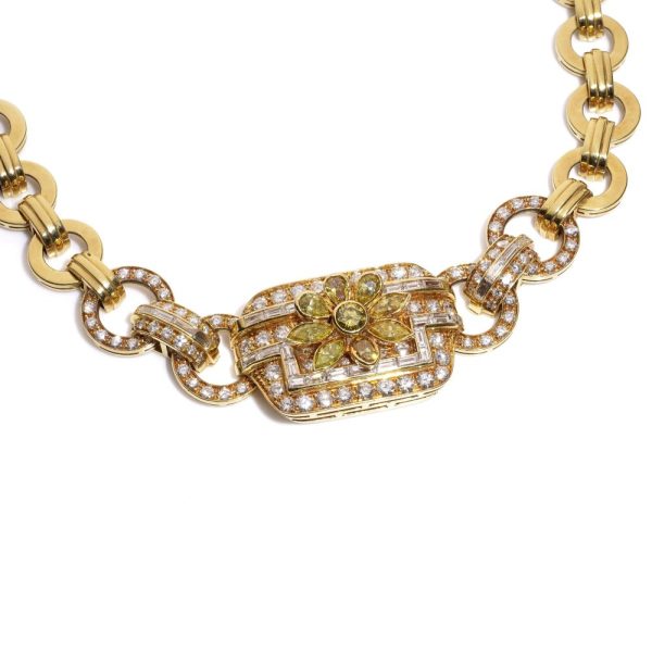 Vintage Fancy Yellow and White Diamond 18ct Gold Collar Necklace, 18ct yellow gold link collar necklace set with 9.23 carats of round brilliant-cut, baguette-cut, pear-cut and marquise-cut white and fancy yellow diamonds