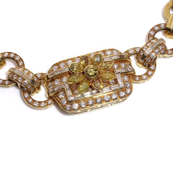 Vintage Fancy Yellow and White Diamond 18ct Gold Collar Necklace, 18ct yellow gold link collar necklace set with 9.23 carats of round brilliant-cut, baguette-cut, pear-cut and marquise-cut white and fancy yellow diamonds