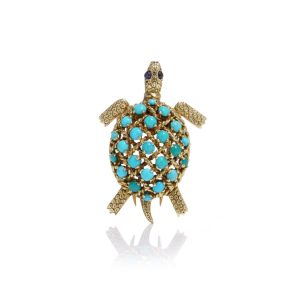 Cartier Turquoise Tortoise Brooch In 18 Carat Yellow Gold