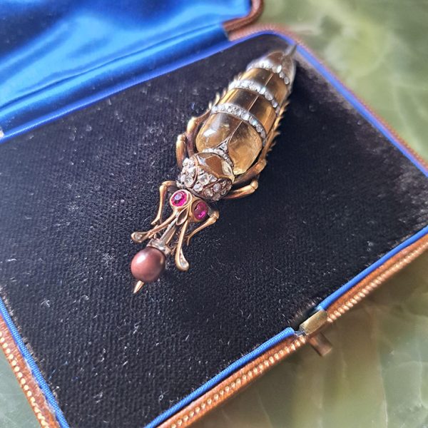 Antique French Citrine and Diamond Beetle Brooch