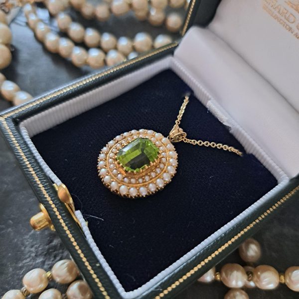 Antique 3.50ct Peridot and Pearl Double Cluster Pendant