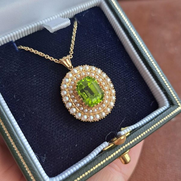 Antique 3.50ct Peridot and Pearl Double Cluster Pendant