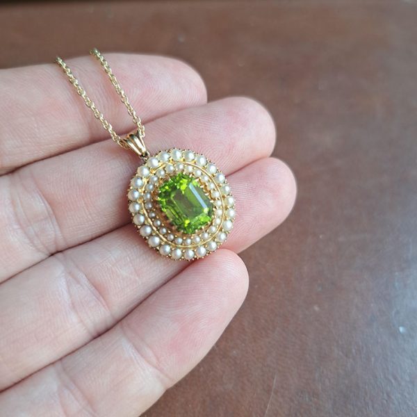 Antique 3.50ct Peridot and Pearl Double Cluster Pendant