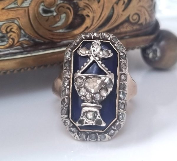 Antique 18th Century blue enamel and diamond urn ring plaque