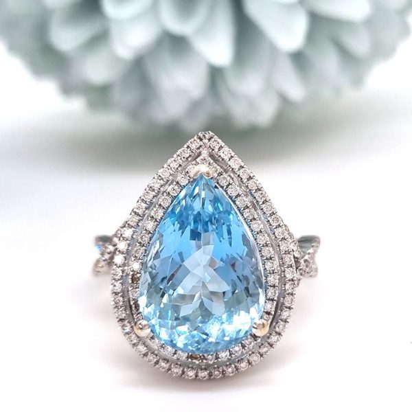 6.04ct Pear Cut Aquamarine and Diamond Cluster Ring, teardrop shaped Brazilian aquamarine surrounded by double border of diamonds in 18ct white gold