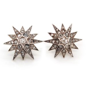 Victorian Antique 2ct Old Cut Diamond Star Earrings, pair of twinkling diamond star earrings set with 2 carats of old-cut diamonds in silver and gold. Circa 1860