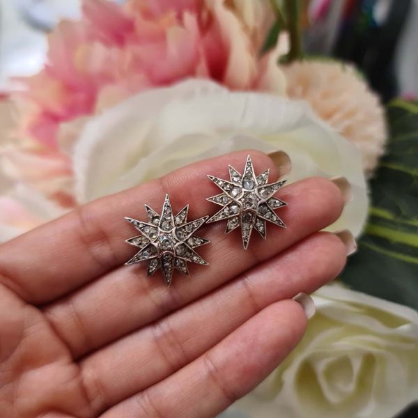 Victorian Antique 2ct Old Cut Diamond Star Earrings, pair of twinkling diamond star earrings set with 2 carats of old-cut diamonds in silver and gold. Circa 1860