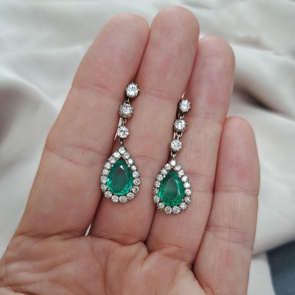 Antique 2.65ct Pear Cut Colombian Emerald and 2.70ct Old Cut Diamond Cluster Drop Earrings, Circa 1880