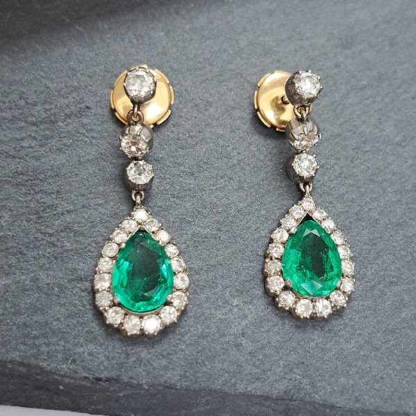 Antique 2.65ct Pear Cut Colombian Emerald and 2.70ct Old Cut Diamond Cluster Drop Earrings, Circa 1880