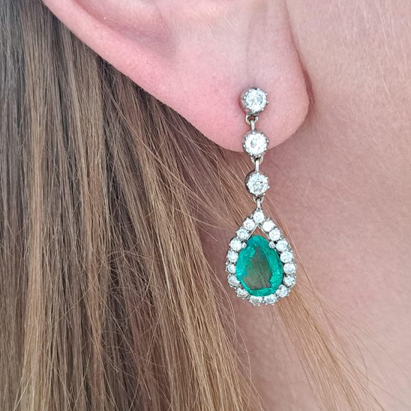 Antique 2.65ct Pear Cut Colombian Emerald and 2.70ct Old Cut Diamond Cluster Drop Earrings, Circa 1880