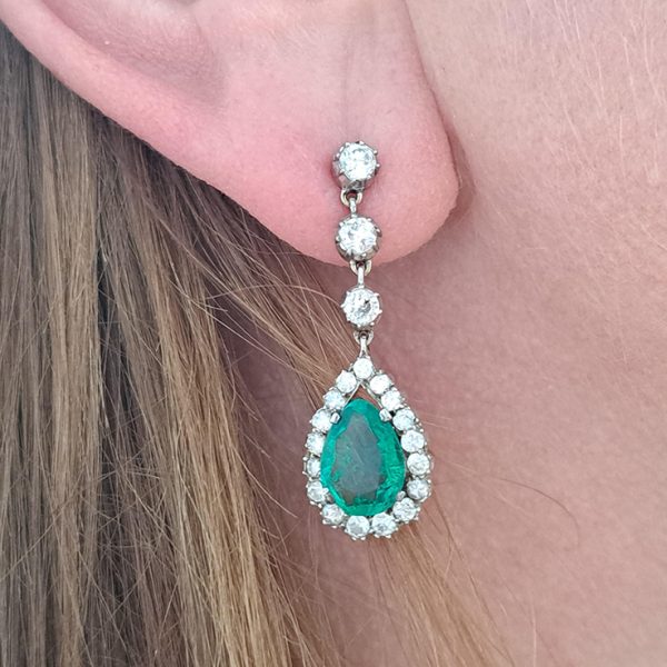 Victorian Antique 2.65ct Pear Cut Colombian Emerald and 2.70ct Old Cut Diamond Cluster Drop Earrings, Circa 1880