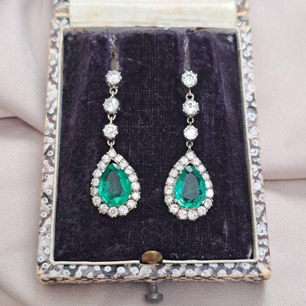 Victorian Antique 2.65ct Pear Cut Colombian Emerald and 2.70ct Old Cut Diamond Cluster Drop Earrings, Circa 1880