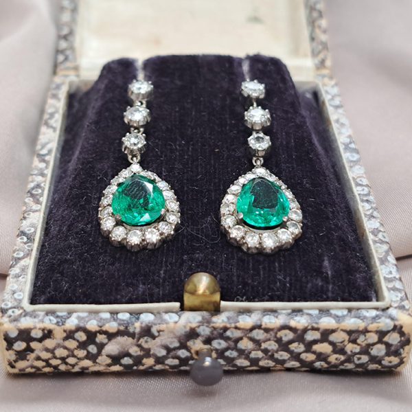 Victorian Antique 2.65ct Pear Cut Colombian Emerald and 2.70ct Old Cut Diamond Cluster Drop Earrings, Circa 1880 Late 19th Century