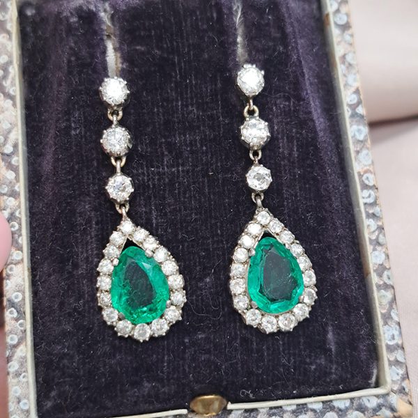 Antique 2.65ct Pear Cut Colombian Emerald and 2.70ct Old Cut Diamond Cluster Drop Earrings, Circa 1880