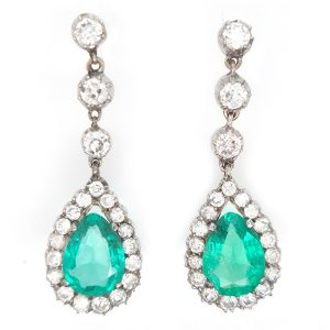 Antique Colombian Emerald and Diamond Cluster Drop Earrings