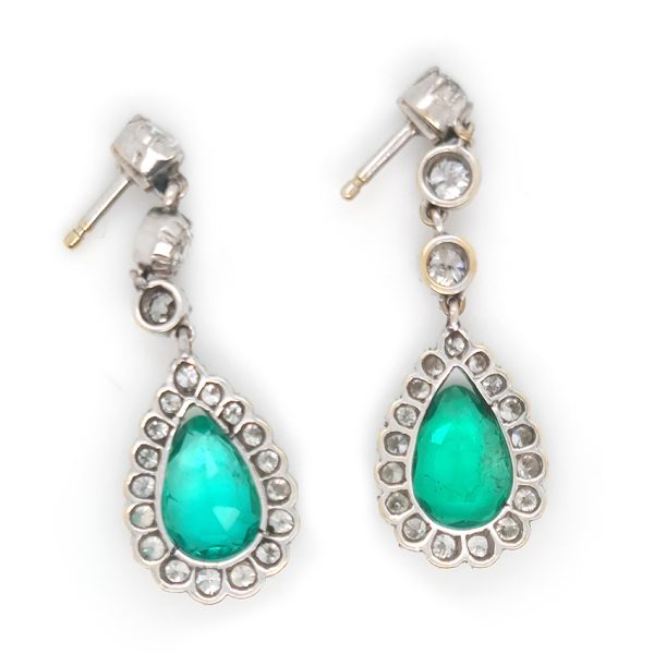 Antique 2.65ct Pear Cut Colombian Emerald and 2.70ct Old Cut Diamond Cluster Drop Earrings, Circa 1880