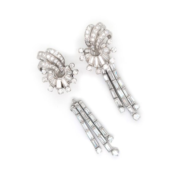 Late Art Deco Baguette and Brilliant Diamond Day and Night Earrings, 4.36 carats