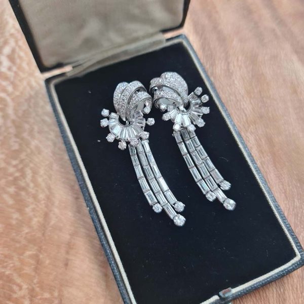 Late Art Deco Baguette and Brilliant Diamond Day and Night Earrings, 4.36 carat total