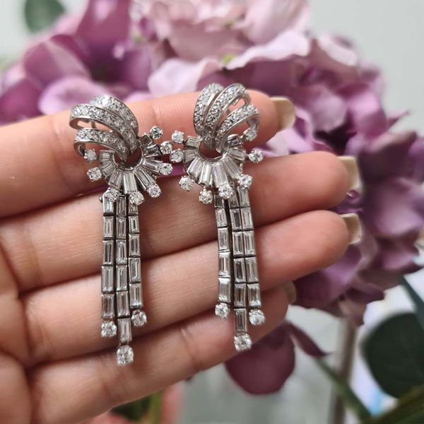 Late Art Deco Baguette and Brilliant Diamond Day and Night Earrings, 4.36 carat total