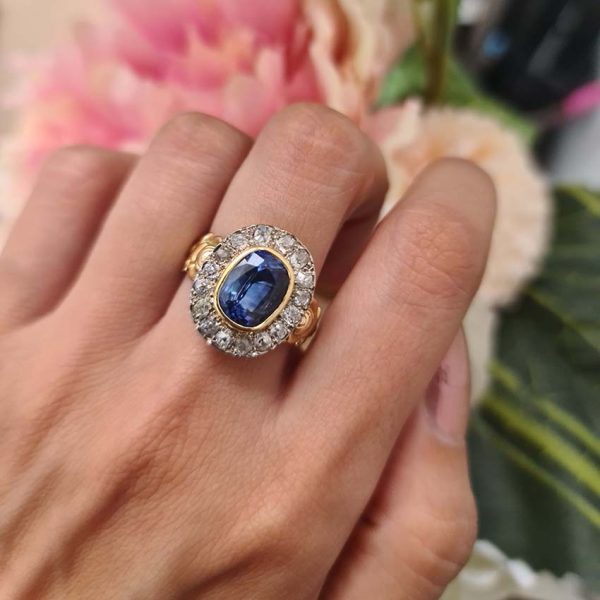 Antique Oval Cushion Cut Sapphire and Old Cut Diamond Cluster Engagement Ring