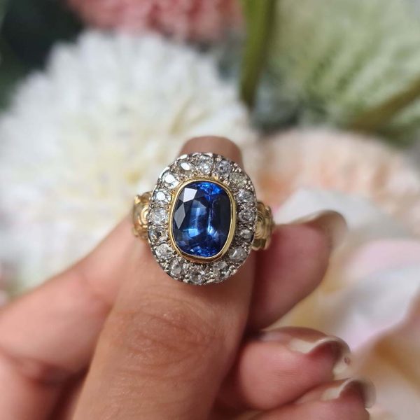 Antique 2.75ct Oval Cushion Cut Sapphire and 0.70ct Old Cut Diamond Cluster Engagement Ring