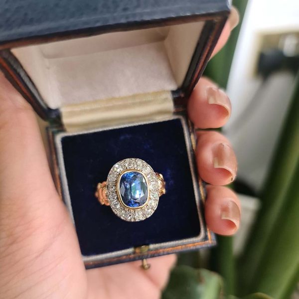 Antique 2.75ct Oval Cushion Cut Sapphire and 0.70ct Old Cut Diamond Cluster Engagement Ring