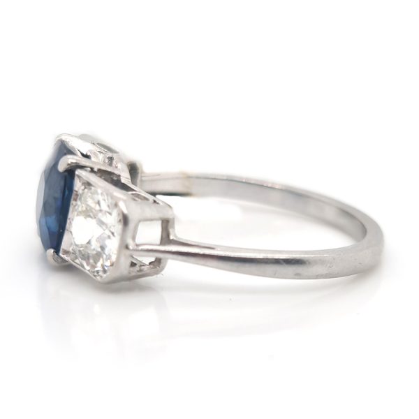 Antique Vintage Late Art Deco 1.96ct Sapphire and 1.20ct Old Cut Diamond Three Stone Engagement Ring in Platinum