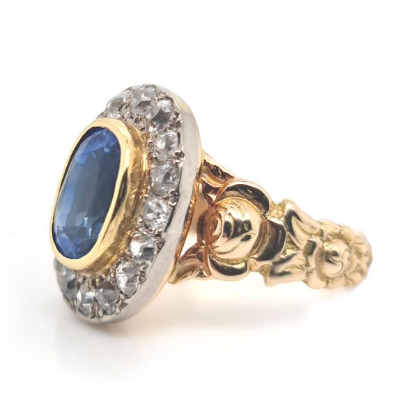 Antique 2.75ct Oval Cushion Cut Sapphire and 0.70ct Old Cut Diamond Cluster Engagement Ring in 18ct Yellow Gold with Decorative Shoulders