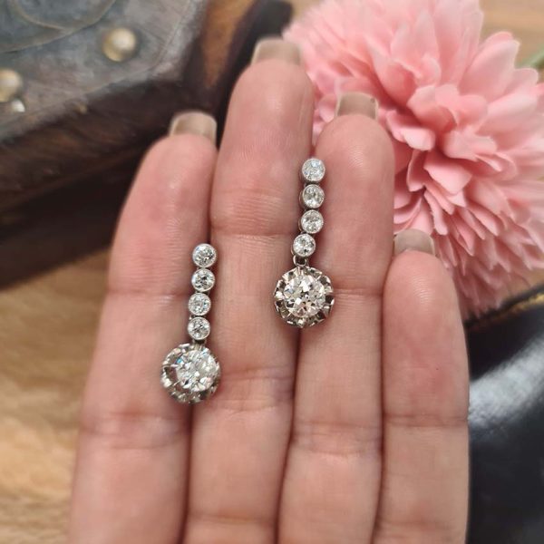 Antique 2ct Old Cut Diamond Drop Earrings in Platinum