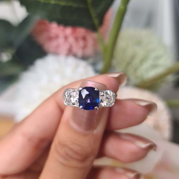 Antique Vintage Late Art Deco 1.96ct Sapphire and 1.20ct Old Cut Diamond Three Stone Engagement Ring in Platinum