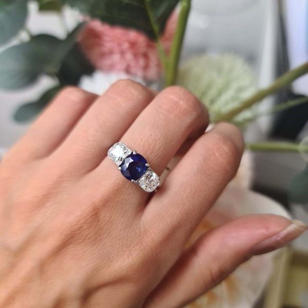 Late Art Deco 1.96ct Sapphire and 1.20ct Old Cut Diamond Three Stone Engagement Ring in Platinum