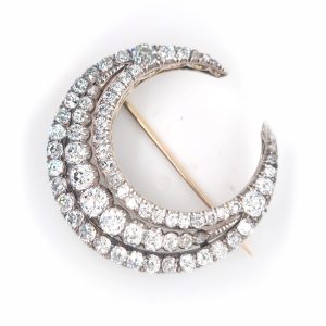 Victorian Antique 5.50ct Old Mine Cut Diamond Crescent Brooch